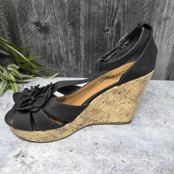 Madden Girl | Kolasso Black Cork Platform Wedge Sandals Flower Upper Size 8.5 - Picture 11 of 13